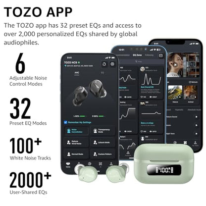 TOZO NC9 Hybrid Active Noise Cancelling Wireless Earbuds, 60H, LED Display | 6 Mic ENC Clear Calls, Deep Bass Sound, IPX8 Waterproof, in Ear Bluetooth 5.3 Headphones,32 EQs via APP, Comfort Fit Ear Buds - color: Sage Green