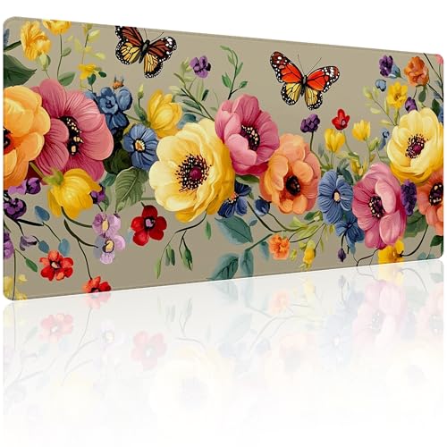 31.5”x11.8”Large Gaming Mouse Pad for Desk, Mouse Mat with Seamed Edges, Waterproof Desk Pad, Non-Slip Rubber Base, Keyboard Pad Computer Mat, Big XL Mousepad-Boho Floral with Butterflies - color: Boho Floral With Butterflies