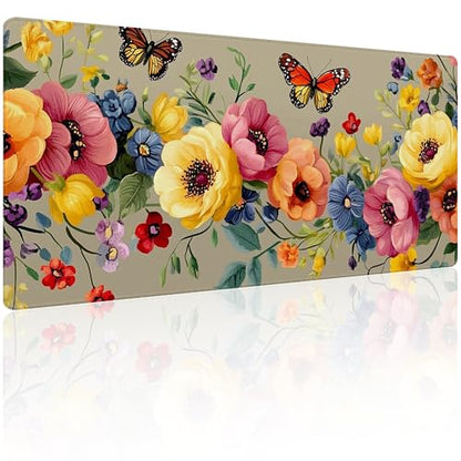 31.5”x11.8”Large Gaming Mouse Pad for Desk, Mouse Mat with Seamed Edges, Waterproof Desk Pad, Non-Slip Rubber Base, Keyboard Pad Computer Mat, Big XL Mousepad-Boho Floral with Butterflies - color: Boho Floral With Butterflies