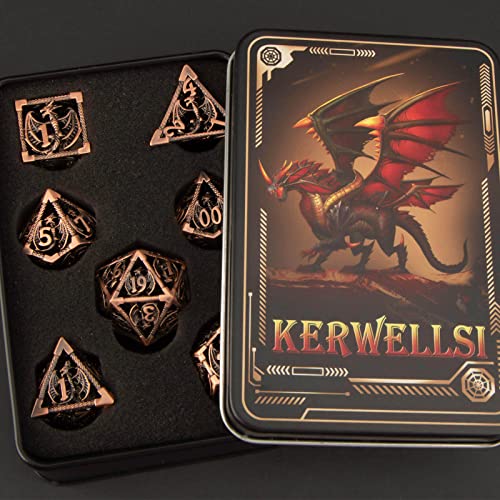 KERWELLSI Hollow DND Dice Set D&D with Gifts Box, 7pcs Polyhedral Metal D and D Dice for Role Playing Game, Dungeon Dragon Dice D20 D12 D10 D8 D6 D4 (Copper) - color: Copper