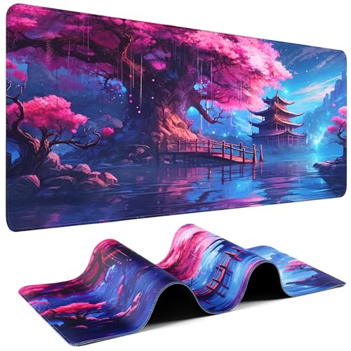 Mouse Pad Gaming - Desk Mat for Keyboard and Mouse - Large Mouse Pads for Desk, Gaming Mousepad with Non-Slip Base, Desks Pad (31.5" X 11.8") for Game, Office and Home - color: Cherry Blossom Full Moon - 16, size: 31.5L x 11.8W inches