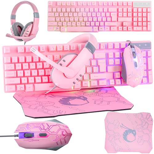 Pink Gaming Keyboard and Mouse Headset Headphones and Mouse pad, Wired LED RGB Backlight Bundle Pink PC Accessories for Gamers and Xbox and PS4 PS5 Nintendo Switch Users - 4in1 Edition Hornet RX-250 - color: Pink