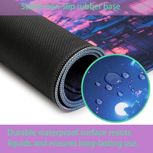 Simpkeely Fantasy Night City Gaming Mouse Pad, Blacklight Japanese Residential Buildings Landscape Neon Large Waterproof UV Reactive Non-Slip Rubber Base Mousemat for Office Home - 31.5" x 11.8" - color: Japanese City