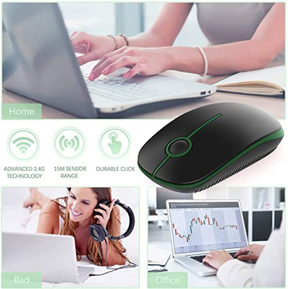 VssoPlor Wireless Mouse, 2.4G Slim Computer Laptop Mouse, Black and Green | Portable Mouse, Plug & Play USB Nano Receiver, Quiet Silent Optical Mice for Notebook, PC, Laptop, Computer, Windows, Mac - color: Black and Green