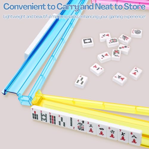CAYOULR Colourful Mahjong Racks with Pushers Set of 4 Clear Acrylic Holders | Portable Mahjong Racks Convenient Rotating One-Piece Mahjong Pushers mahjong racks well-made sturdiness - color: Colourful