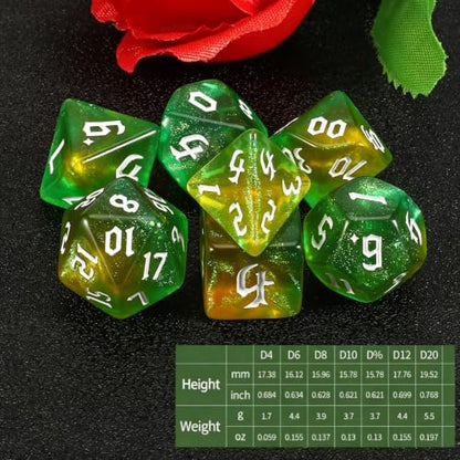 QMAY DND Dice Set -D&D Polyhedral Dice (7 Pcs) for Dungeons and Dragons (Pale Yellow and Green Glitter) - color: Pale Yellow and Green Glitter