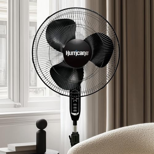 Hurricane Supreme Oscillating Pedestal Stand Fan with 3 Quiet Speeds, Black, 16" - Corded Electric Air Cooling Unit with Remote Control & Adjustable Height for Home, Apartment, Workshop or Office