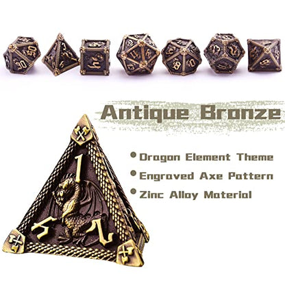 AUSTOR 7-Die Metal DND Dice Set Dungeons and Dragons Polyhedral Roll Playing Dice with Box D20 D12 D10 D% D8 D6 D4 for Pathfinder MTG RPG Board Games - color: Antique Bronze