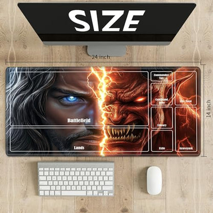 MTG Playmat with Zones, TCG Card Game Play Mat with Stitched Edges, Non-Slip Rubber Base Gaming Desk Mat, Smooth Surface 24 x 14 Inch, Jesus and the Devil - color: Jesus and the Devil, size: Zone 1