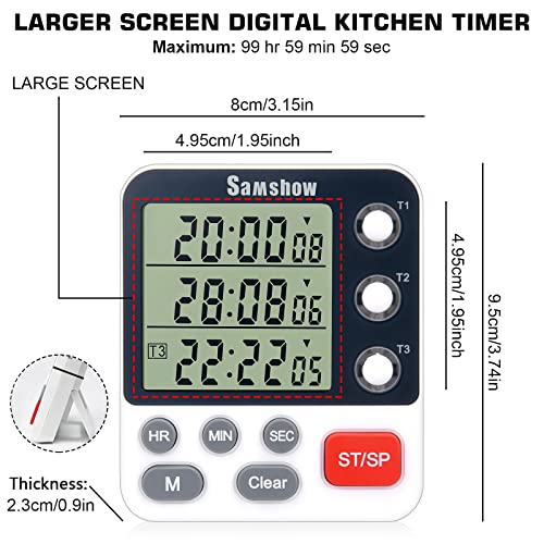 Samshow Digital Kitchen Timer, 3 Channels | Count UP/Down Timer, Large Display, Triple Timer, Magnetic Stopwatch, Adjustable Volume, Loud Alarm, Battery Included - color: 318 White
