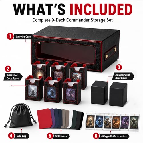 9IN1 MTG Deck Box with Handle, Fits 1000 Trading Cards or 8 Commander Decks, Premium Black Red Leather TCG Storage Case with 8 Removable Trays and 10 Dividers, Compatible with Magic, Yu-Gi-Oh! - color: Black Red