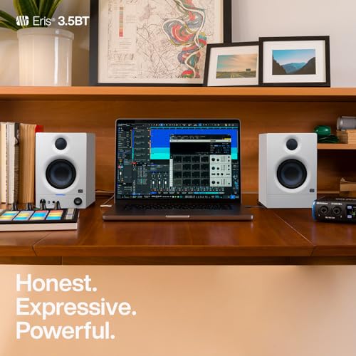PreSonus Eris 3.5BT Studio Monitors, Pair — 3.5" Inch Powered Speakers, Bookshelf Speakers, Stereo, Desktop Computer, Near Field Music Production, Audio Mixing Recording | 3.5 Drivers, 25W per Side, Trs and Rca Rear Inputs, Front 1/8 Aux and Headphone Jac