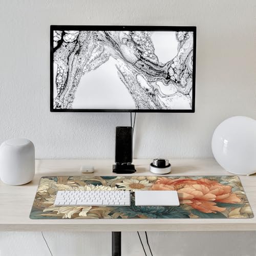 Retro Blossom Boho Floral Large Desk Pad, Anti-Slip Rubber Mouse Pad for Office and School, 35.4" x 15.7" - color: Retro Bohemian style colorful flowers