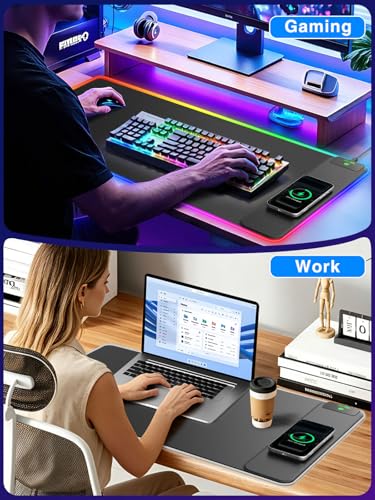 XXL RGB Gaming Mouse Pad with 15W Magnetic Wireless Charger | 31.5'' x 15.8'' Extra Large LED Desk Mat, 24 Light Effects, Non-Slip Rubber Base, Waterproof Easy Gliding Surface - color: RGB-Magnetic Right Charger-31.5"x15.8"