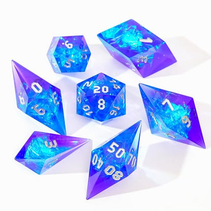 Sharp Edge DND Dice Set Flower Handmade 7 Accessories Dice for Dungeons and Dragons TTRPG Games, Multi-Sided RPG Polyhedral Resin Sharp Edge Dice Roleplaying Games（Blue Purple） - color: Blue Purple