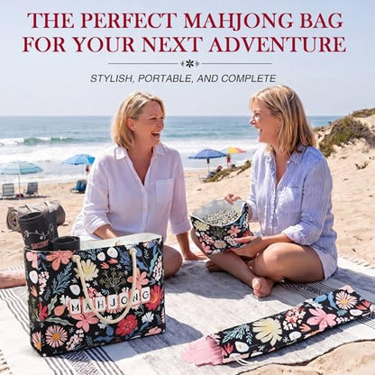 Soulchen 3 Pcs Empty Mahjong Bag Set American Mahjong Buckled and Zippered Carrying Bag with Handle, Tile case and Drawstring Protective Sleeve for Rack Game Travel Accessories Gift (Black Floral) - style: Black Floral