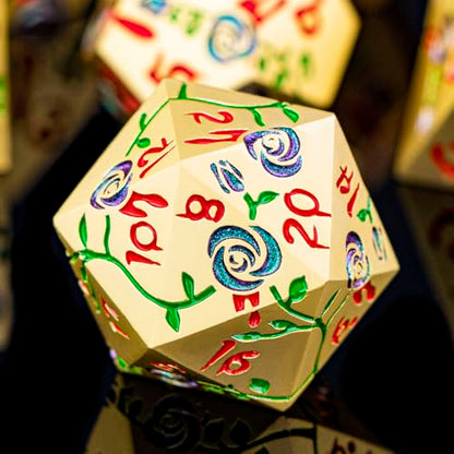 Gothic DND Dice Set Bleeding Rose Metal D and D Dice for use with Dungeons Dragons D&D Role Playing Game, Purple Green RPG Polyhedral Dice Set D20 D12 D10 D8 D6 D4 - color: Purple Green&gold&red Numbers