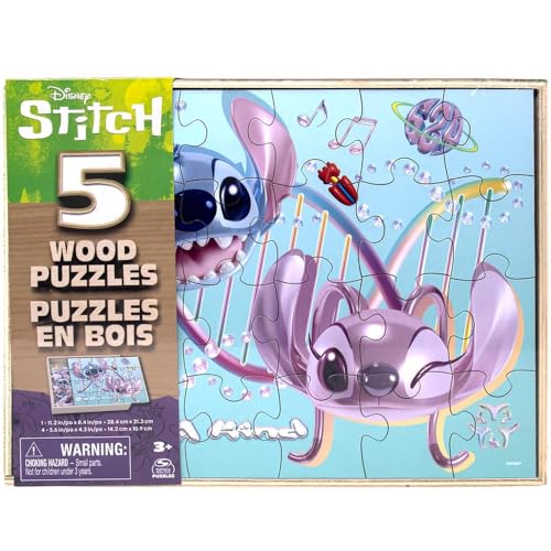 Disney Stitch 아동용 나무 퍼즐 5팩, 보관 트레이 포함