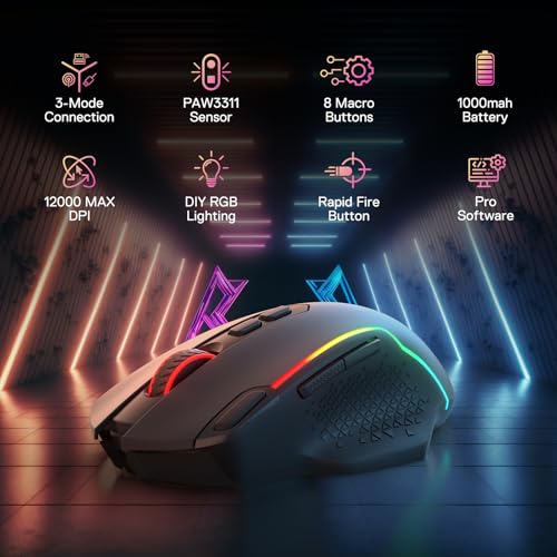 Redragon M810 MAX Wireless RGB Gaming Mouse 12000 DPI Remapping Keys | Cable-Free 0 Delay, Smooth Precise Tracking, Rapid-Fire Macro Keybinds, Vibing Backlight, Ergonomic Grip Body Comfort - color: Black, style: M810 PRO MAX