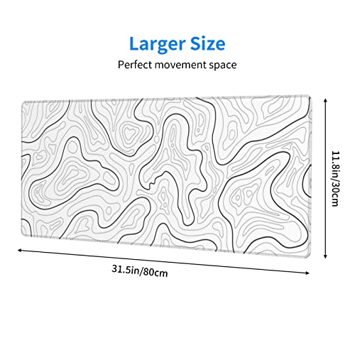 Abstract Topographic Map White Grey Black Gaming Mouse Pad Long Mouse Pad Large Desk Mat 31.5 X 11.8 Inch Mousepad with Non-Slip Base Stitched Edge Keyboard Mat for Gaming Office - color: Light Grey White