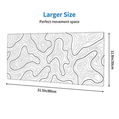Abstract Topographic Map White Grey Black Gaming Mouse Pad Long Mouse Pad Large Desk Mat 31.5 X 11.8 Inch Mousepad with Non-Slip Base Stitched Edge Keyboard Mat for Gaming Office - color: Light Grey White