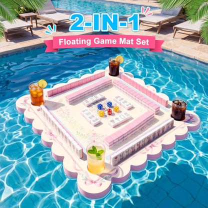 Thenshop 2-in-1 Floating Mahjong Set, 30x30 Inch Large Game Table for Pool & 160 Classic Art Mahjong Tiles with Storage Bag and 6 Dice, Hot Tub Float Board for Card Games Adults Summer Party Supplies