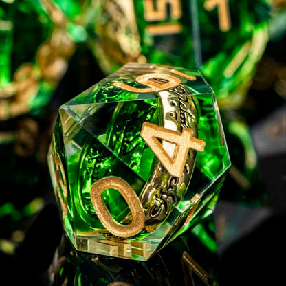 Magic Golden Ring DND Dice with Box, Green Sharp Edge Handmade D and D Polyhedral Dice for use with D&D Tabletop Games RPG, Lord Resin Dice D20 D12 D10 D8 D6 D4 - color: Ring - Green-1
