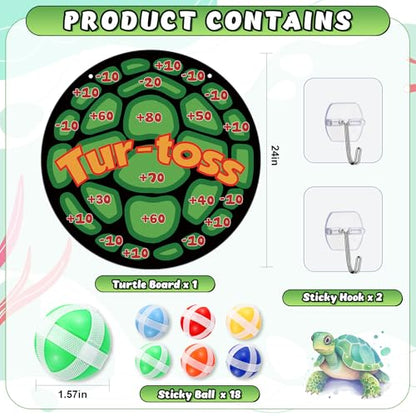 Poen Turtle Party Game Favors 24x24 Turtle Dart Board with 18 Sticky Balls Toys Pizza Favors Video Birthday Supplies Decoration Gift Under the Sea Party Game