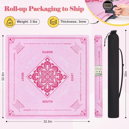 Shipped Rolled Mahjong Mat with Rules Without Creases, 3mm, 32.5" x 32.5" | Anti-Slip Rubber Base, Travel-ready with Carry Bag, Soft & Water-Repellent Surface, Noise-Reduce, for Poker & Card game - color: Pink