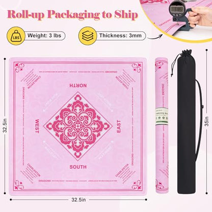Shipped Rolled Mahjong Mat with Rules Without Creases, 3mm, 32.5" x 32.5" | Anti-Slip Rubber Base, Travel-ready with Carry Bag, Soft & Water-Repellent Surface, Noise-Reduce, for Poker & Card game - color: Pink