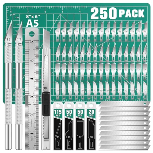 DIYSELF 250 PCS Exacto Knife Set Precision Knife with A5 Cutting Mat, Green | Craft knife, hobby knife set for crafts, modeling and scrapbooking with versatile replacement blades
