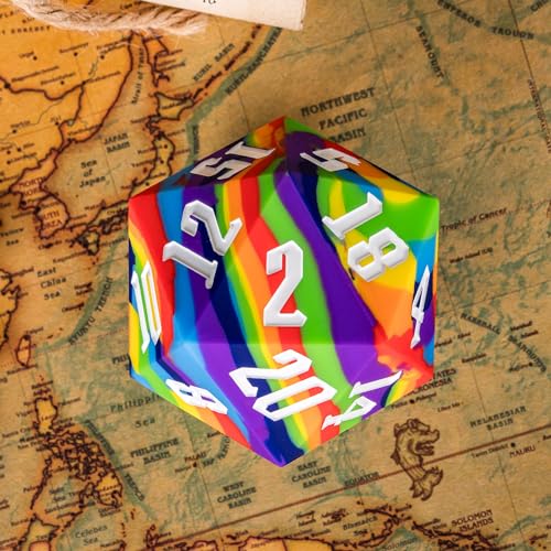 55mm Silicone D20 DND Dice, Large D20 Single 20 Sided D&D Dice | Soft & Comfortable Touch, Perfect Bouncer, Gift Box, Compatible with Dungeons and Dragons RPG Bar Pub Club Party Games - color: Rainbow