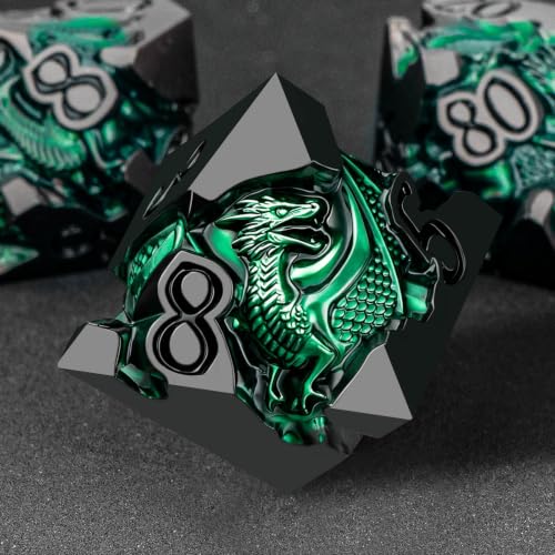 Roycevon Relief Dragon DND Dice Set for Role Playing Game, 7Pcs Metal D&D Dice Set Dungeons Dragons with Gift Box, Polyhedral D and D Dice D20 D12 D10 D8 D6 D4, Green and Black - color: Green and Black