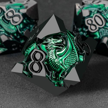 Roycevon Relief Dragon DND Dice Set for Role Playing Game, 7Pcs Metal D&D Dice Set Dungeons Dragons with Gift Box, Polyhedral D and D Dice D20 D12 D10 D8 D6 D4, Green and Black - color: Green and Black