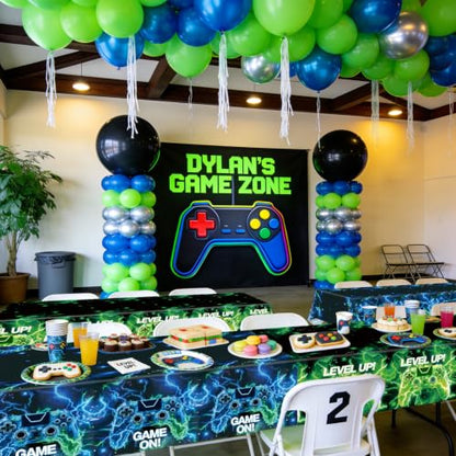 4 Pcs Video Game Tablecloths, Green and Blue Game Birthday Party Decorations Table Cloth for Kids Gaming Night Birthday Party Supplies, 51 x 86 in