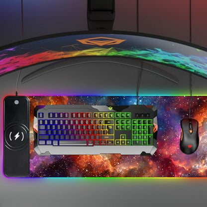 Wireless Charging RGB Gaming Mouse Pad, 31.5 x 11.8 Inch Extended Mouse Mat with Galaxy Nebula Design, LED Desk Pad with 7 Lighting Modes, Non-Slip Base for Gaming & Office - color: 01