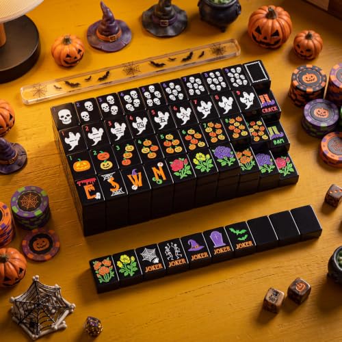 160 Pcs Halloween American Mahjong Set 1.2 Inch Pumpkin Cat Witch Ghost Mini Mahjong Tiles Set Melamine Carved Pattern for Adult Halloween Mah Jong Lovers Social Games (Black,Classic) - color: Black, style: Classic