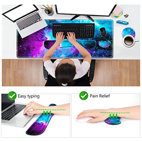 AIMSA Large Gaming Mouse Pad Set, Keyboard Wrist Rest Support Mouse Pad, Ergonomic Memory Foam Multifunctional Extended Desk Mat 35x15.7in Anti-Slip Rubber Base, Galaxy Nebula Universe - color: Galaxy Nebula Universe