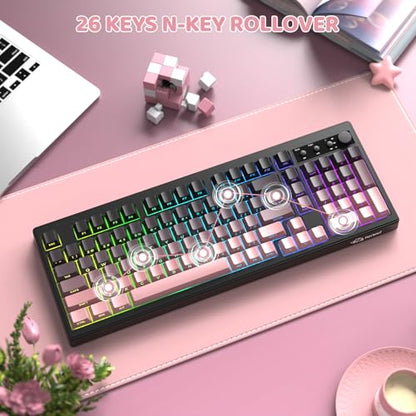 FREEWOLF K100 99 Keys Gaming Creamy Silent Wireless Keyboard with Media Knob,BT/2.4GHz/USB-C,Side Printed Keys RGB Backlit Number Pad,Retro Cute Membrane Computer Keyboard for PC/MAC-Gradient Pink - color: Gradient Pink