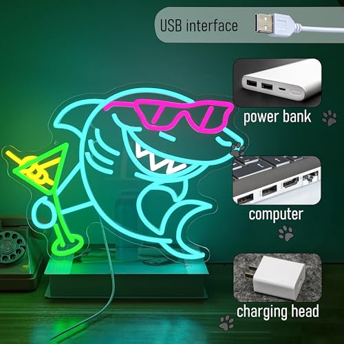 Shark Cocktail Neon Sign Shark Martini Neon light Dimmable LED Sunglasses Shark Light Up Sign for Wall Decor Man Cave Bar Pub Party Home(12.6 * 16.54In) - style: Shark Cocktail