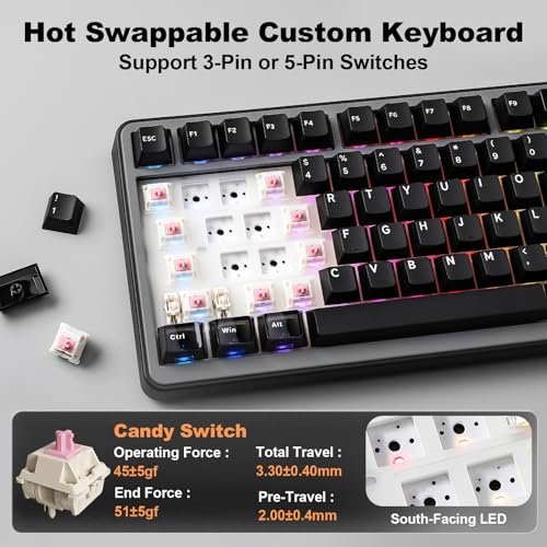 YUNZII B75 PRO MAX QMK/VIA Wireless Mechanical Keyboard | 75% Layout with Screen and Knob, Custom Hot Swap, Gasket, Creamy Switches, for Win/Mac (Black, Candy Switch) - color: Black, size: Candy Switch