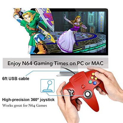 KIWITATA Classic N64 USB Controller, N64 Wired Remote Joystick Game Controller Gamepad for Windows PC & Mac Raspberry Pi Red - color: red