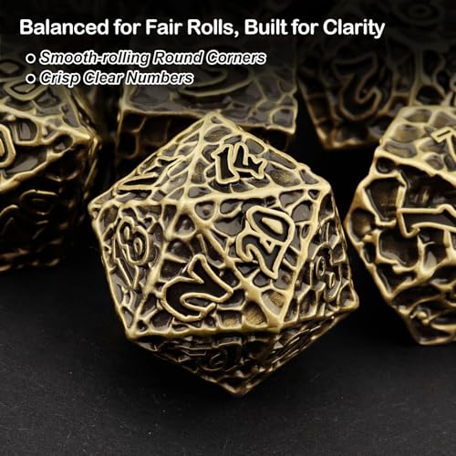 Haxtec Metal DND Dice Set, 7 Pcs Meteorite Texture Polyhedral Dice for RPG | Antique Bronze D&D Dice with Leather Bag, Compatible with Dungeons and Dragons, Heavy Metallic, Gifts for Table Games - color: Antique Bronze
