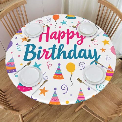 Famame Happy Birthday Hat Banner Round Fitted Tablecloth with Elastic Protector Table Kitchen Dinner Waterproof Oil-Proof Table Covers Fits 40"-44", Small - color: Happy Birthday Hat Banner, size: Small (40"-44")