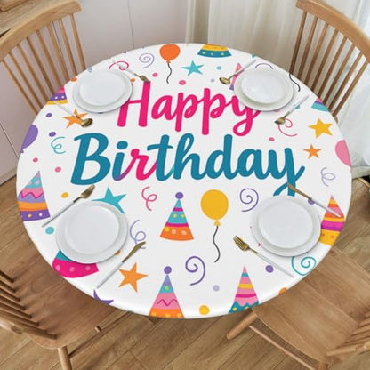 Famame Happy Birthday Hat Banner Round Fitted Tablecloth with Elastic Protector Table Kitchen Dinner Waterproof Oil-Proof Table Covers Fits 40"-44", Small - color: Happy Birthday Hat Banner, size: Small (40"-44")