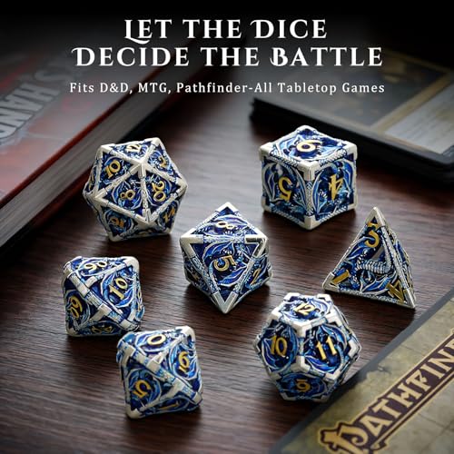 MoKo Dragon Hollow Metal DND Dice Set, Blue+Gold | 7 Pcs Polyhedral, D20 D12 D10 D8 D6 D4, For Dungeons and Dragons RPG Games, With Gift Box - color: 4 - Blue+gold