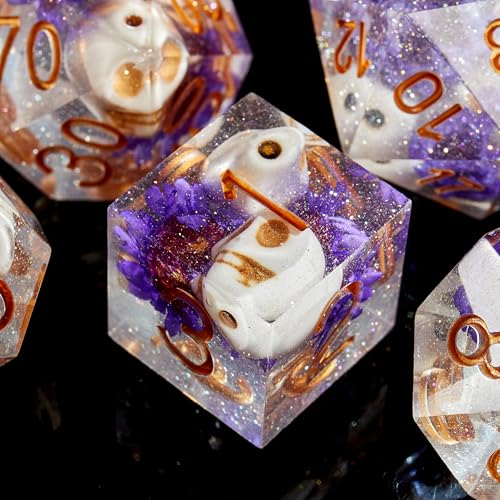FugaCity Dice Set,Handmade Sharp Edge 7 Piece Resin Dice-Dungeon&Dragons Polyhedral Dice Set, D&D Dice Set with Gift Dice Case for RPG MTG Table Games - color: D-purple Flower & Skelet