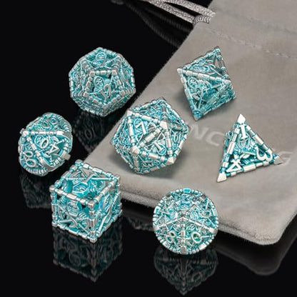 D&D Dice Set, Hollow Blue White Metal Grim Reaper Dice of 7 Piece,Polyhedral DND Dice Role PlayGaming for Dungeons and Dragons Table Game MTG or RPG (Blue and White) - color: Blue White Ss