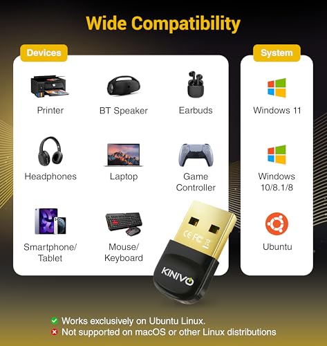 Kinivo USB Bluetooth Adapter for PC (BT6.0, Plug & Play Wireless Dongle Receiver for Ubuntu, Windows 11/10/8.1/8) – Works with Laptop, Headsets, Speakers, Mouse, Keyboard, Printer, Gaming Controllers - style: BTD600