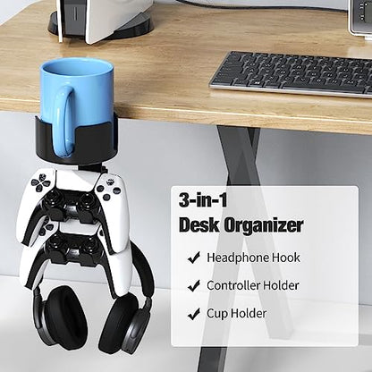 360° Rotating Desk Cup Holder with Headset Hanger | Controller Headphone Holder with Adjustable Headset Hanger Stand, Gaming Pc Accessories